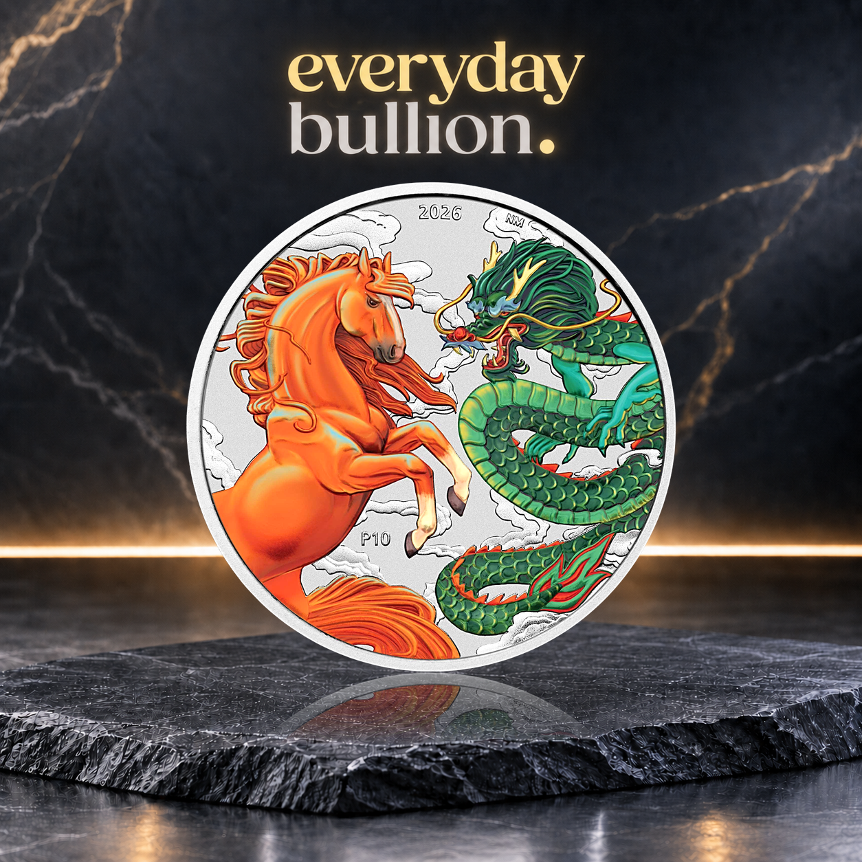 Chinese Myths & Legends Dragon and Horse 2026 1oz .9999 Fine Silver Coloured (Green and Orange) Coin in Capsule – Perth Mint