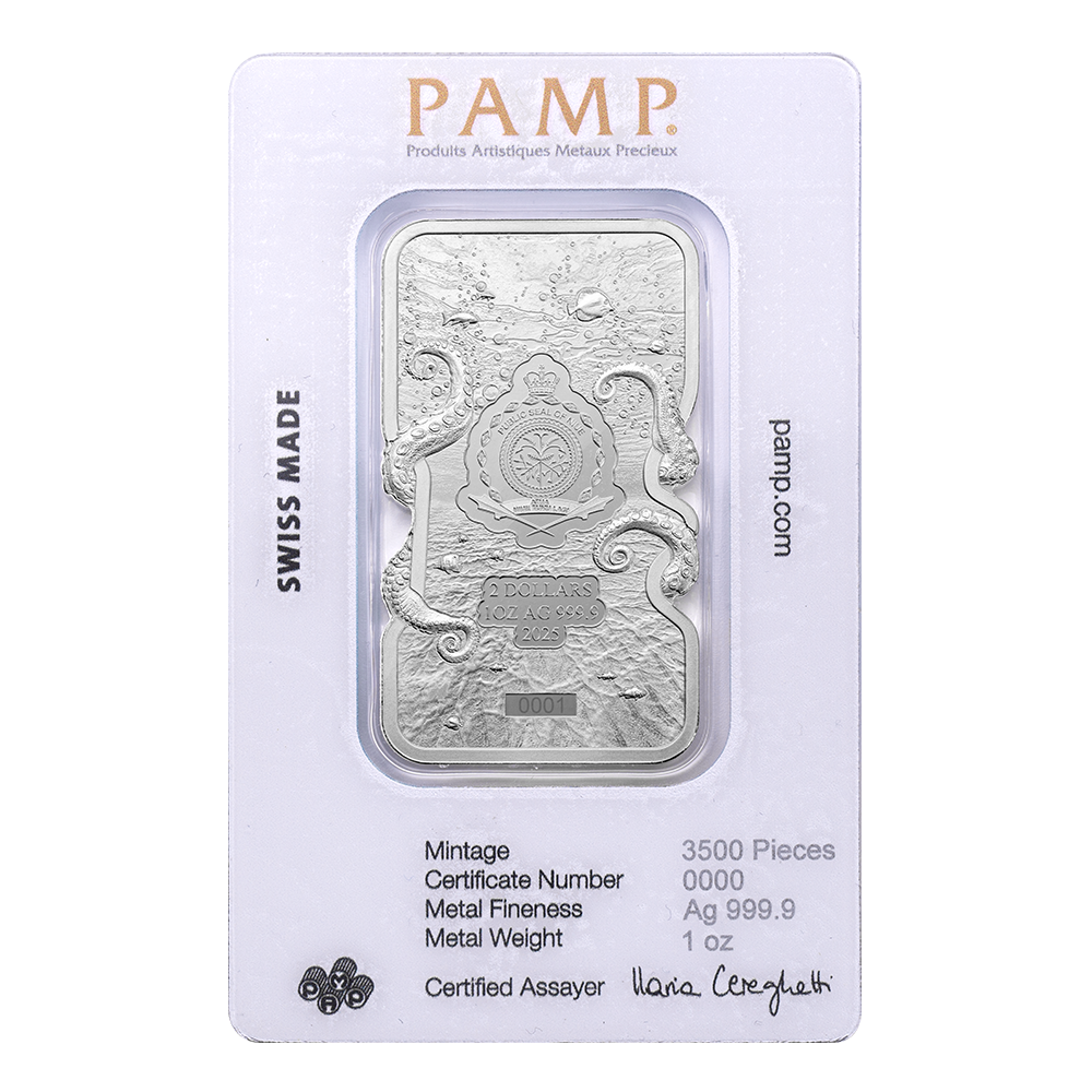 PAMP - Nature’s Grip 1oz Silver Legal Tender Bar - Giant Pacific Octopus